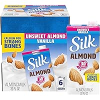 Silk Shelf-Stable Almond Milk, Unsweetened Vanilla, Dairy-Free, Vegan, Non-GMO Project Verified, 1 Quart (Pack of 6)