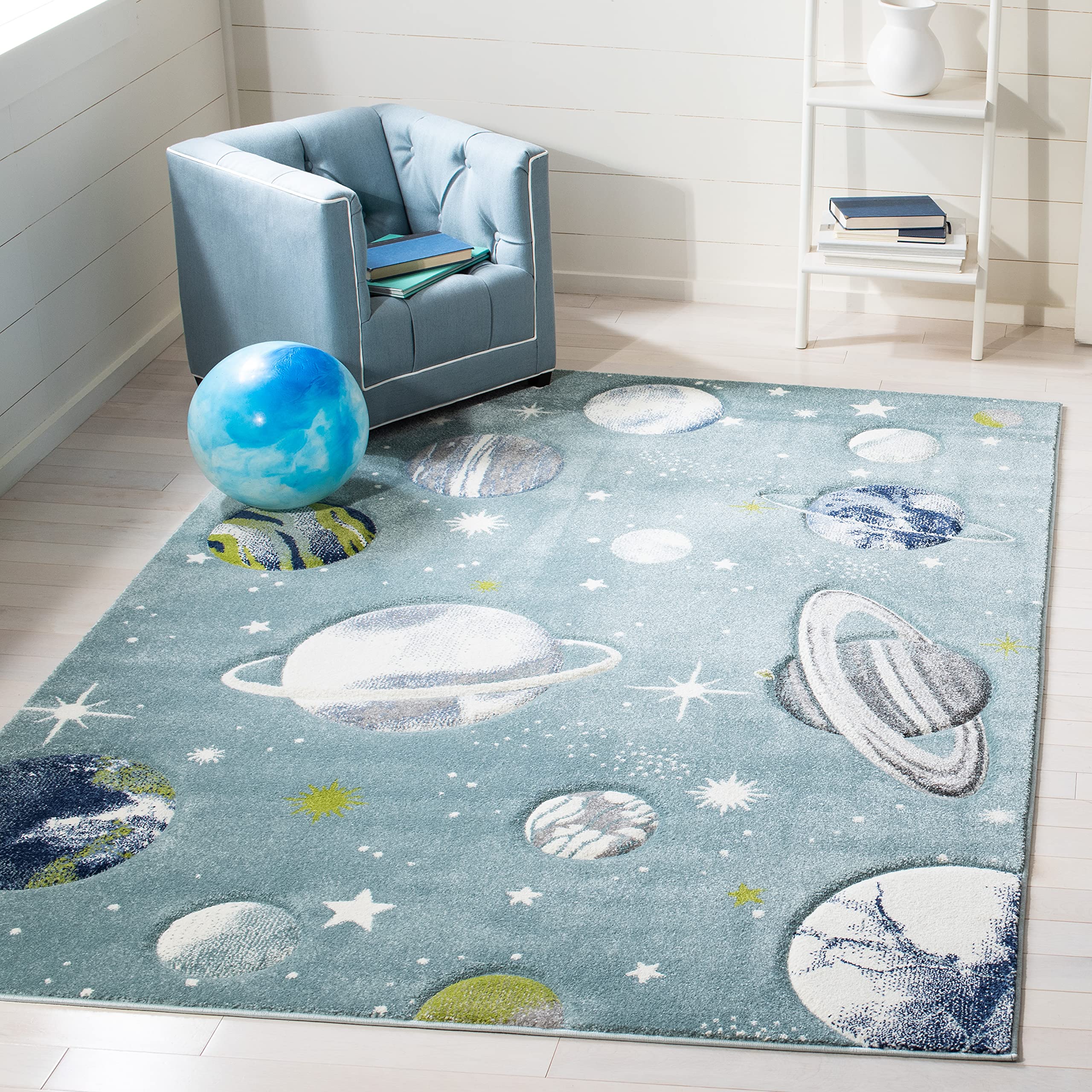 SAFAVIEH Carousel Kids Collection Area Rug - 6'7" x 9', Teal & Ivory, Non-Shedding & Easy Care, Ideal for High Traffic Areas for Boys & Girls in Playroom, Nursery, Bedroom (CRK103J) Image