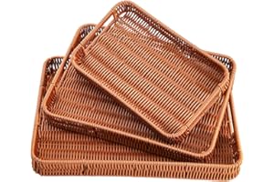 Yarlung 3 Pack Woven Baskets Serving Trays with Handles, Plastic Wicker Bread Baskets Rectangular Platters for Fruit, Vegetab