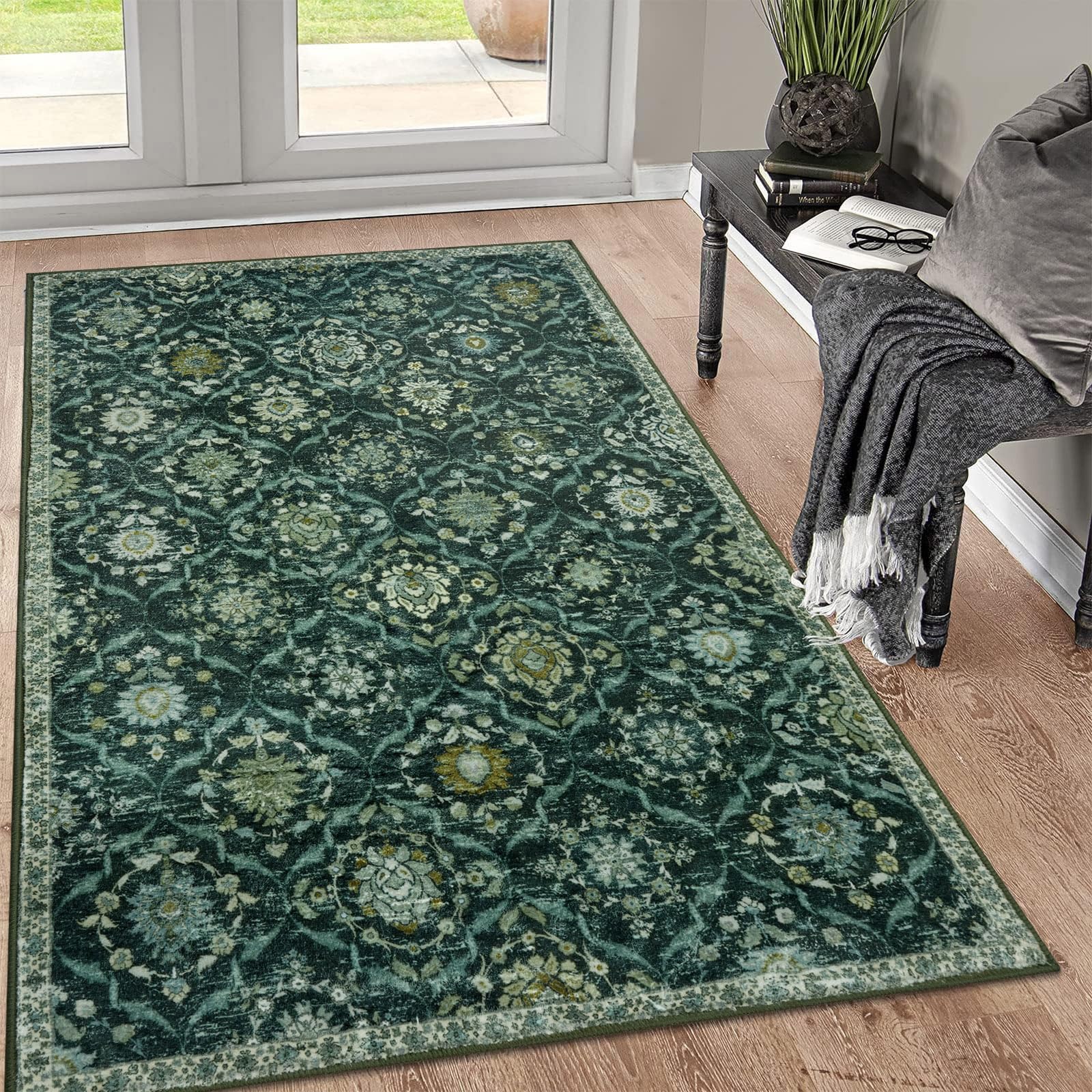 KILOCOCO 3x5 Moroccan Super Soft Area Rug Washable Living Room, Dark Green Vintage Floral Rug Indoor Non-Slip, Print Faux Wool Accent Indoor Entryway Rug for Laundry Playroom Office Image