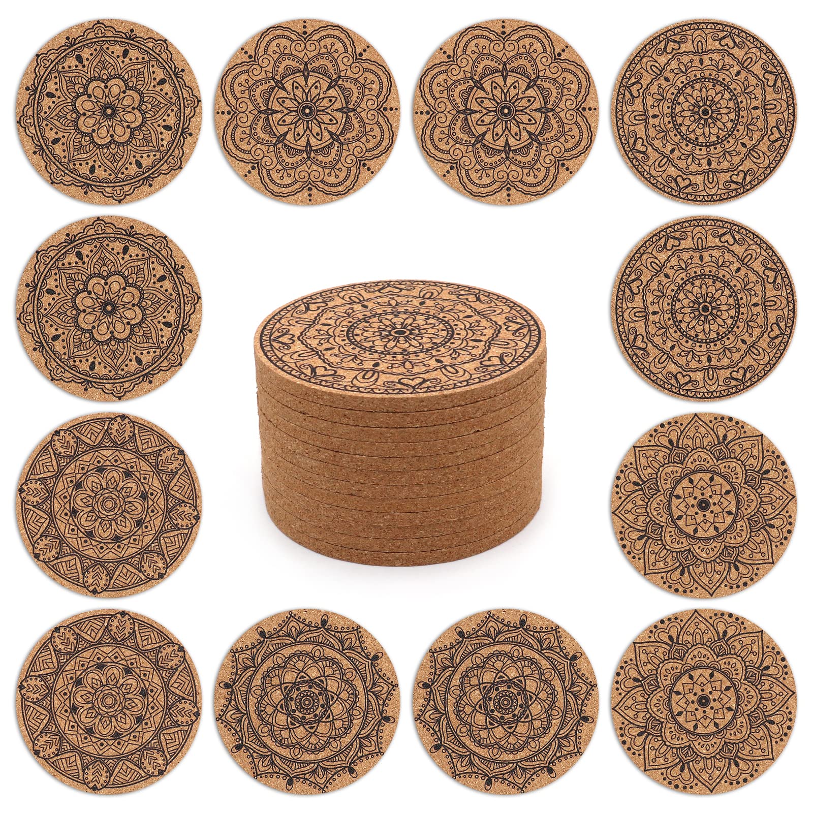 STARUBY Set of 12 Indian Floral Pattern Cork Coasters - 10cm Round Drink Coaster for Dining Table, Bar, Coffee Bar Decoration and Gifts