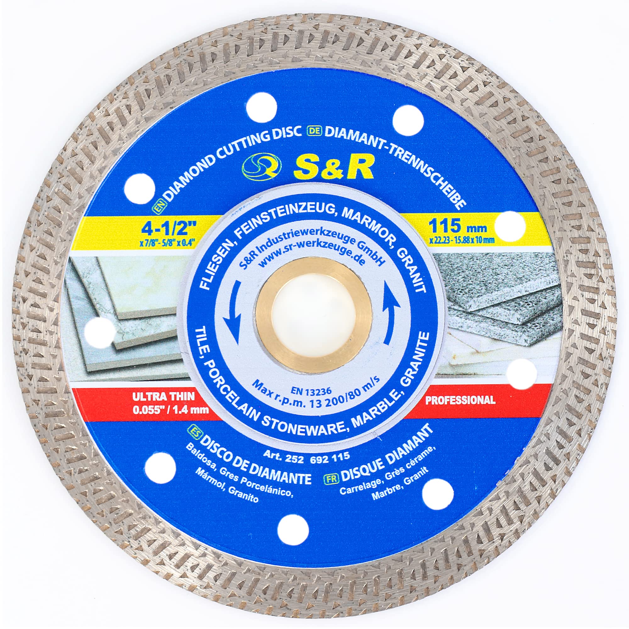 S&R 115mm Turbo Diamond Cutting Disc – Super Thin 1.5mm Edge | For Tiles, Porcelain Stoneware, Marble & Granite | 115 x 1.2 x 10 x 22.2/20/15.88 mm | Angle Grinder Blade