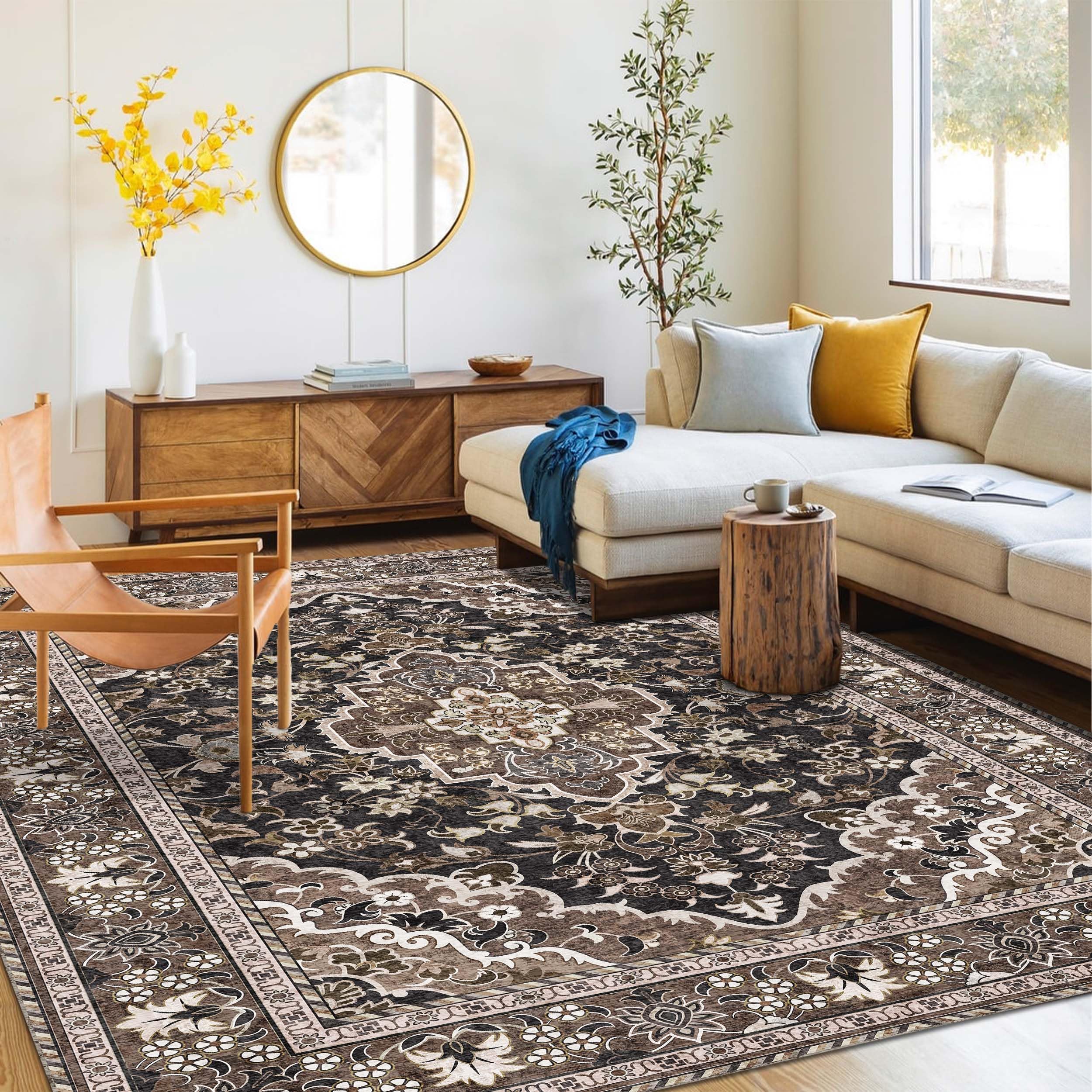 Photo 1 of Washable Area Rug 4x6 | Non Slip Area Rug for Living Room, Bedrooms, Dining Room | Ultra-Soft Flannel Carpet Area with Rubber Backing (Black Brown, 4x6)