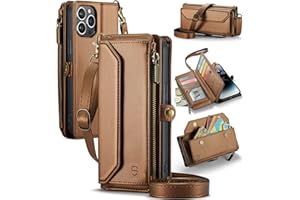 Strapurs Wallet Case Compatible with iPhone 14 Pro Max RFID Blocking 10-Card Holder Soft PU Leather Magnetic Snap Shoulder Strap Zipper Pocket Phone Case Fit for iPhone 14 Pro Max - Brown