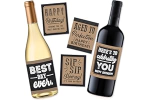 HADLEY DESIGNS 5 Birthday Wine or Beer Bottle Labels or Stickers Present, Bday Gifts For Him Men, Any Age Years Funny Unique Old Kraft Rustic Black Cool Party Decoration Centerpiece Supplies For Husband, Dad, Friend