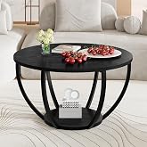 HOMERECOMMEND Round Coffee Table,Accent Center Table for Living Room,Black | Wooden 2-Tier Circle Coffee Tables with Storage Shelves,Sofa Table for Home Office