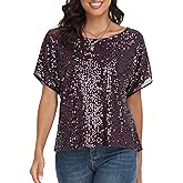 PrettyGuide Women's Sparkly Sequin Tops Short Sleeve Glitter Loose Party Shirt Blouse Boat Neck Dressy Top