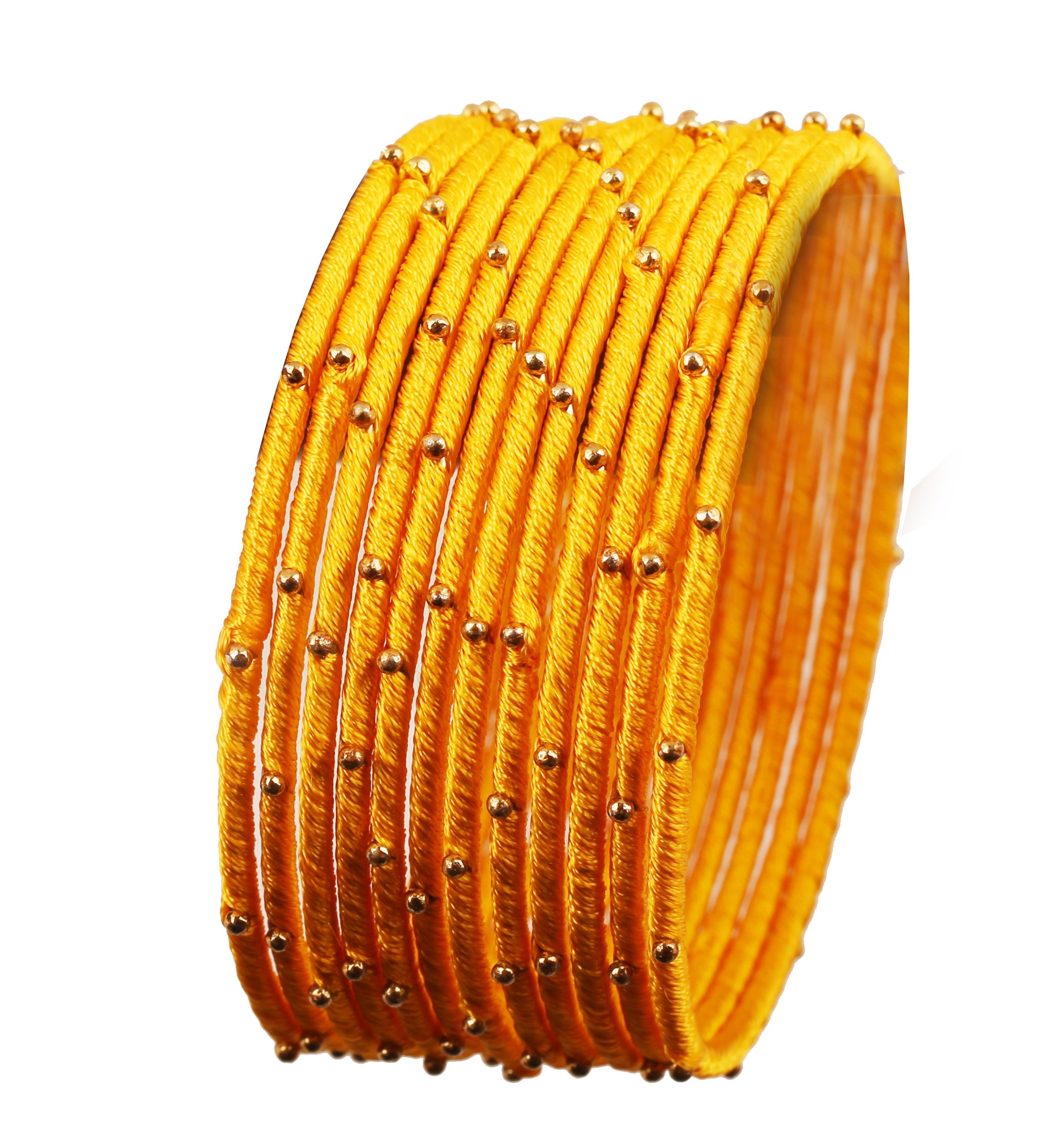Touchstone New Silk Thread Bangle Collection Indian Bollywood Handcrafted Faux Silk Thread with Golden Beads Exotic Look Fire Yellow Designer Bangle Bracelets Set of 12 for Women. — image 1
