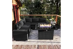 Vakollia 7 Pieces Patio Furniture Set with 44" Propane Gas Fire Pit Table, Outdoor Sectional Wicker Conversation Sofa Sets with Coffee Table