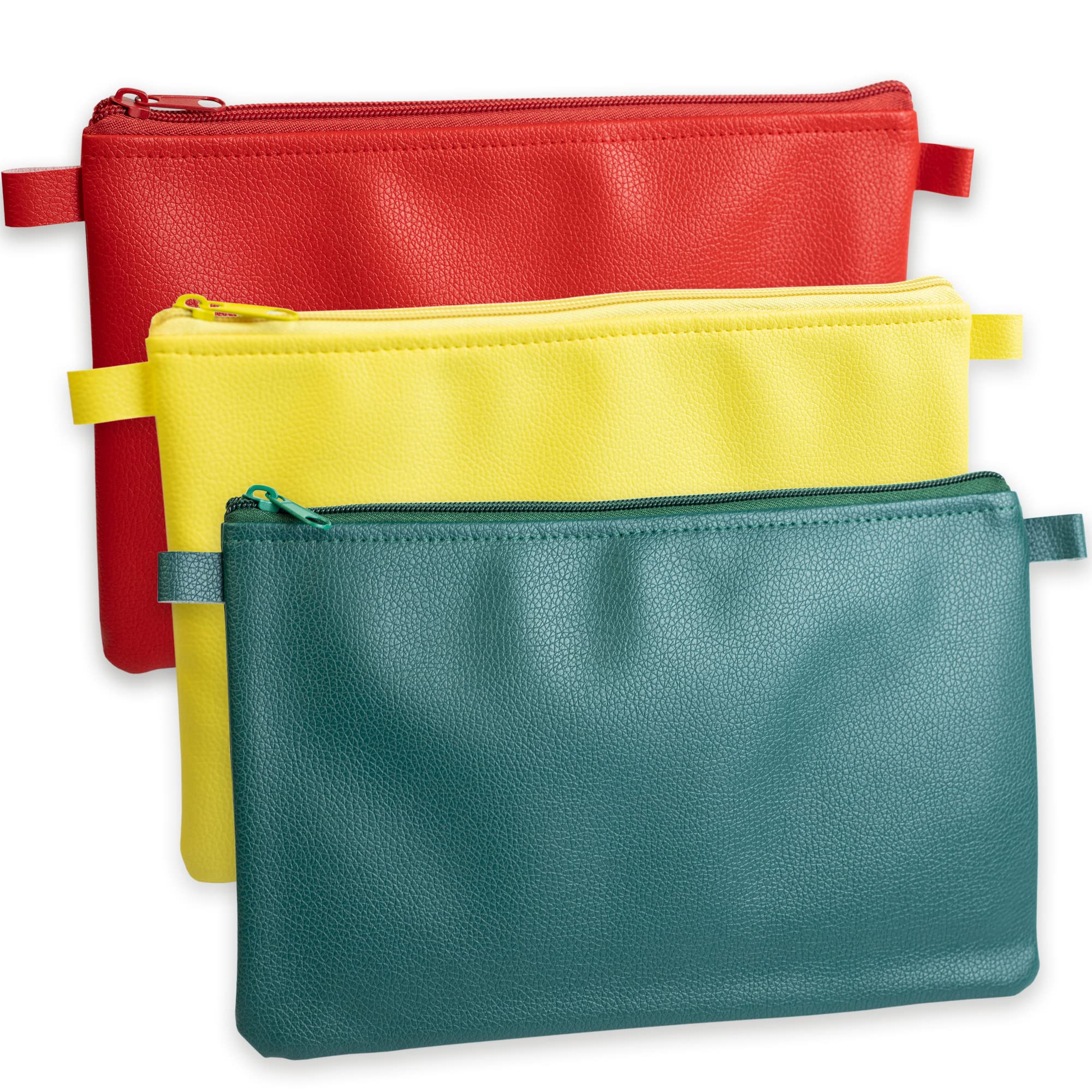 Effektivo Set of 3 Coloured Wallets, Faux Leather Zipper Bags, Red, Yellow, Green