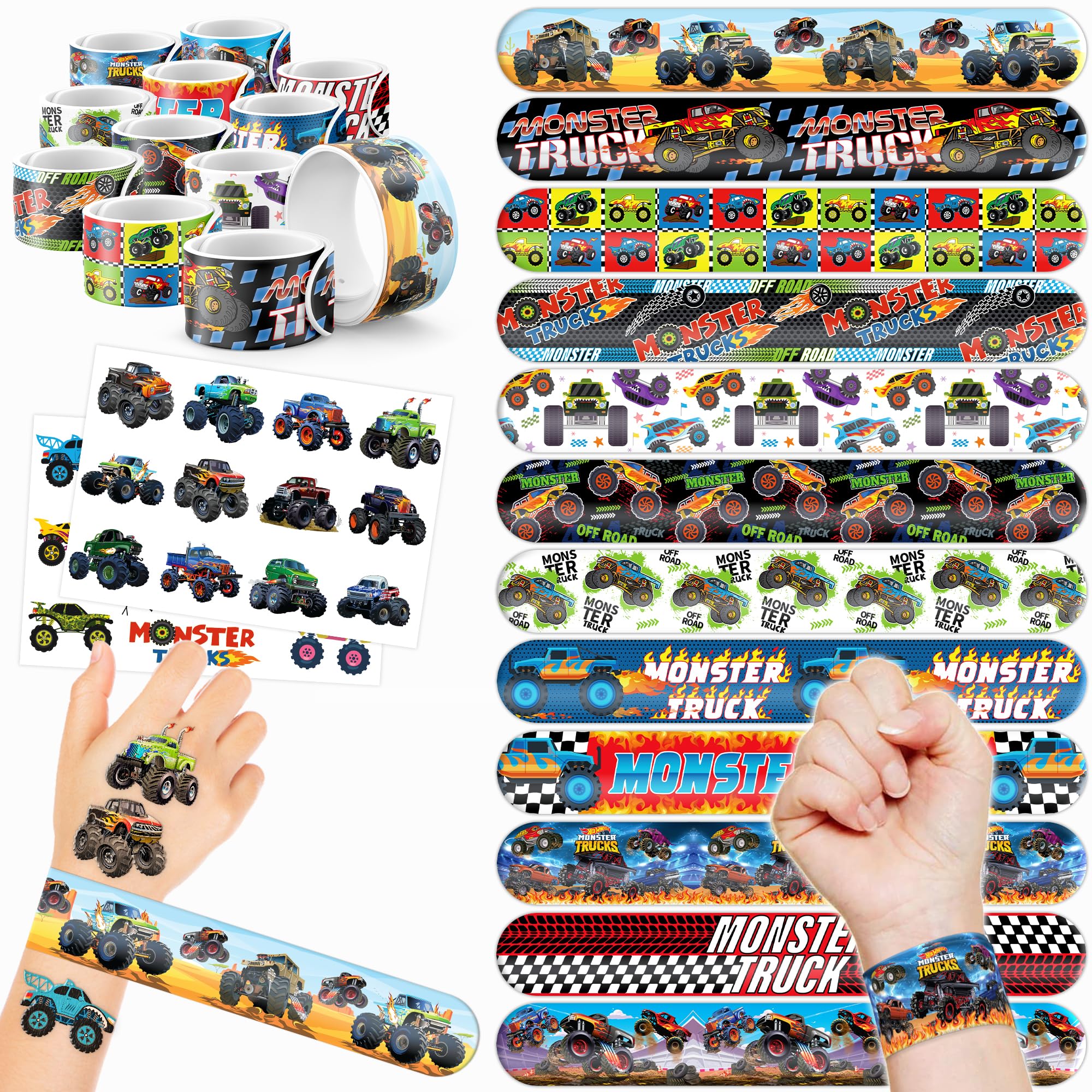 72PCS Monster Truck Party Favors – 48 Pre-cut Temporary Tattoos & 24 Slap Bracelets for Kids – Ideal for Boys' Birthday Parties, Classroom Prizes, and School Rewards