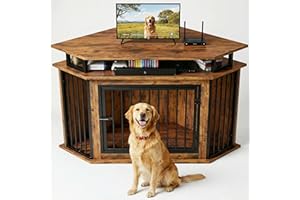 IRONCK 51" Corner Wooden Dog Crate Furniture with 2-Tier Shelves, Pet Kennel for Large Dogs, Space-Saving Dog Cage Indoor, Ru
