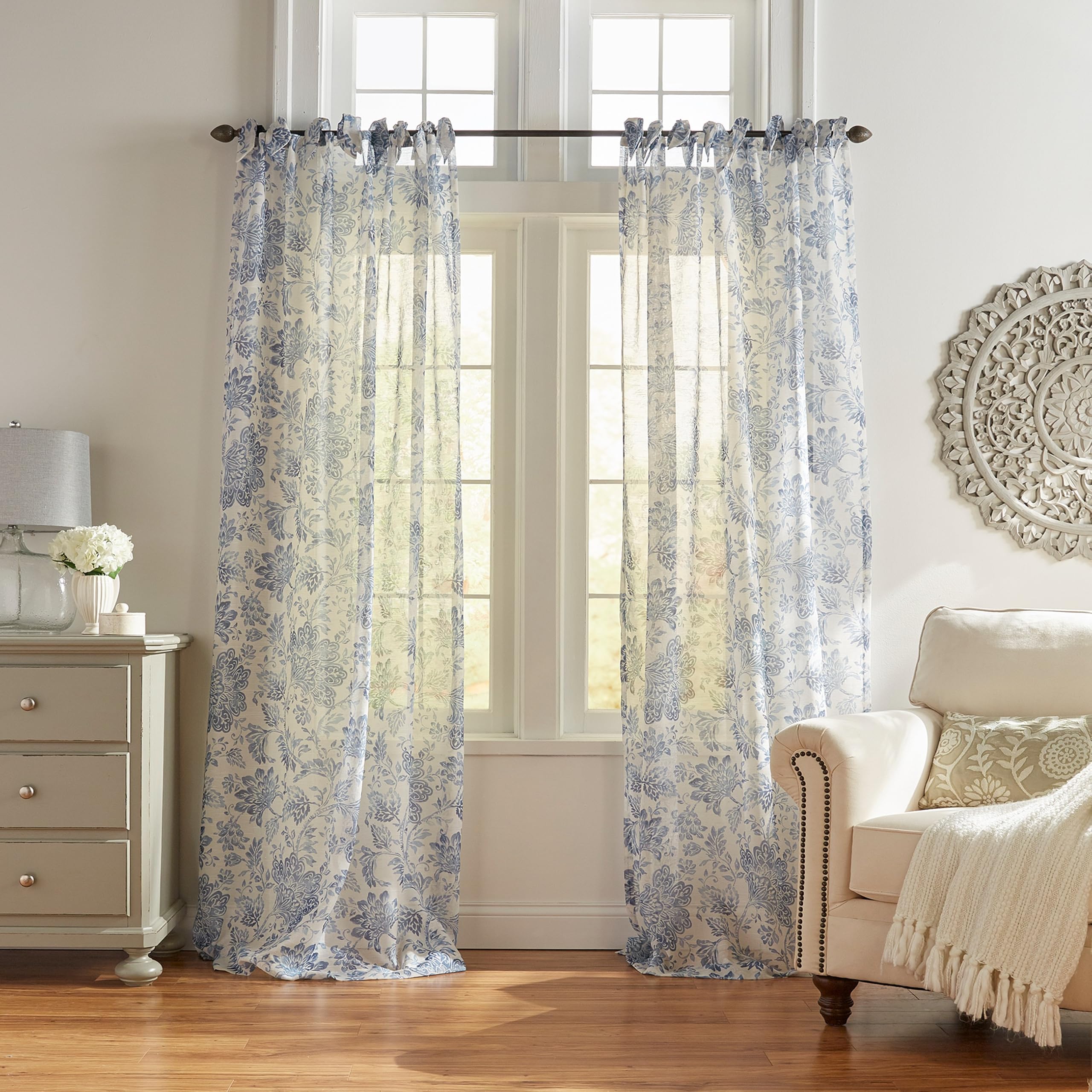 Elrene Floral Tie-Top Sheer Window Curtain Panel, Poly-Linen Blend, Indigo, 52" W x 84" L (Pack of 1)