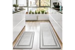 Homergy Anti Fatigue Kitchen Mats for Floor 2 PCS, Memory Foam Cushioned Rugs, Comfort Standing Desk Mats for Office, Home, Laundry Room, Waterproof & Ergonomic, 17.3×30.3 & 17.3×59, Fabric Grey