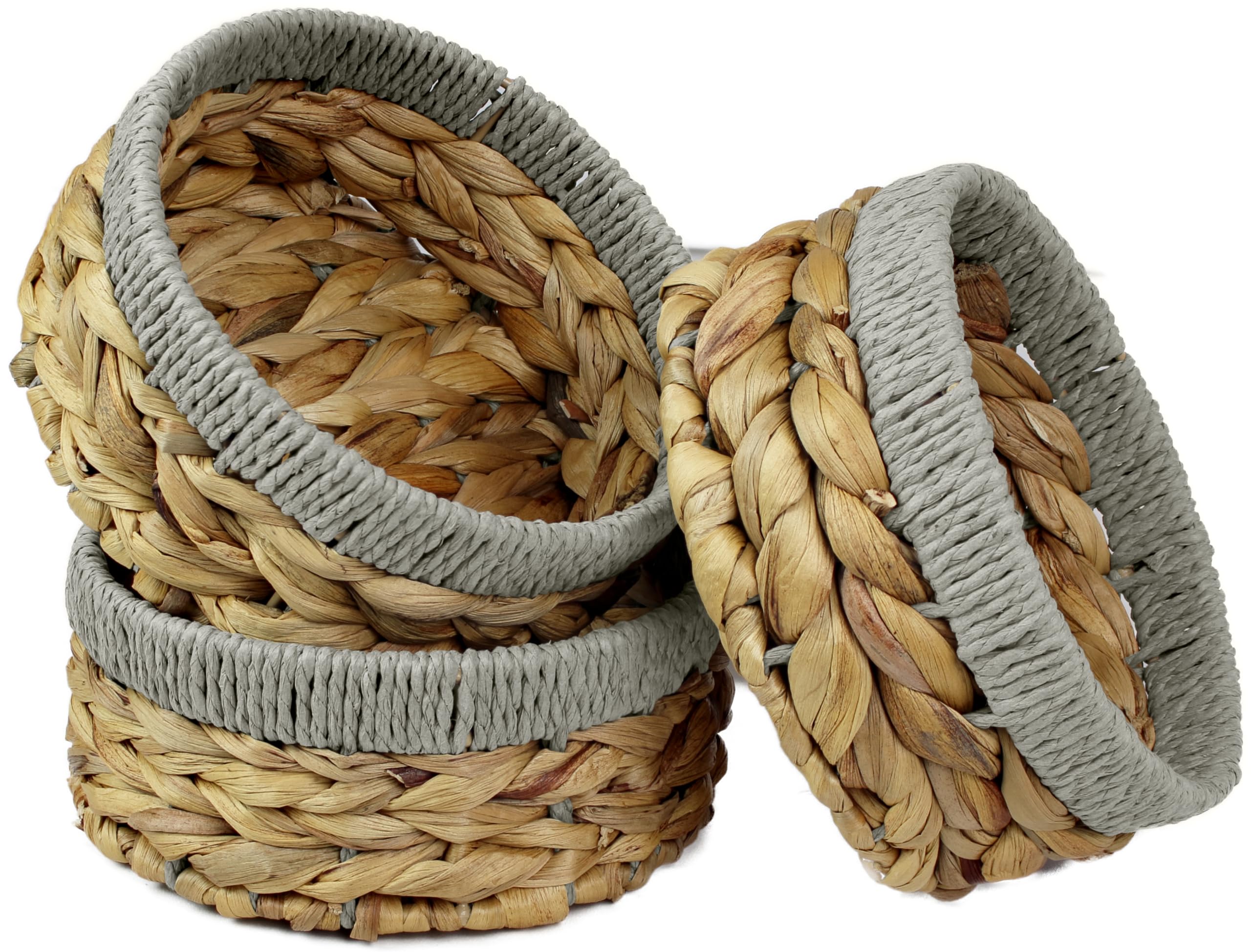 Small Water Hyacinth round baskets for storage Natural Light Grey edges for shelves open hamper. Decorative gift mini tray make up Kitchen organiser (3 x Pack, Medium 18cm)