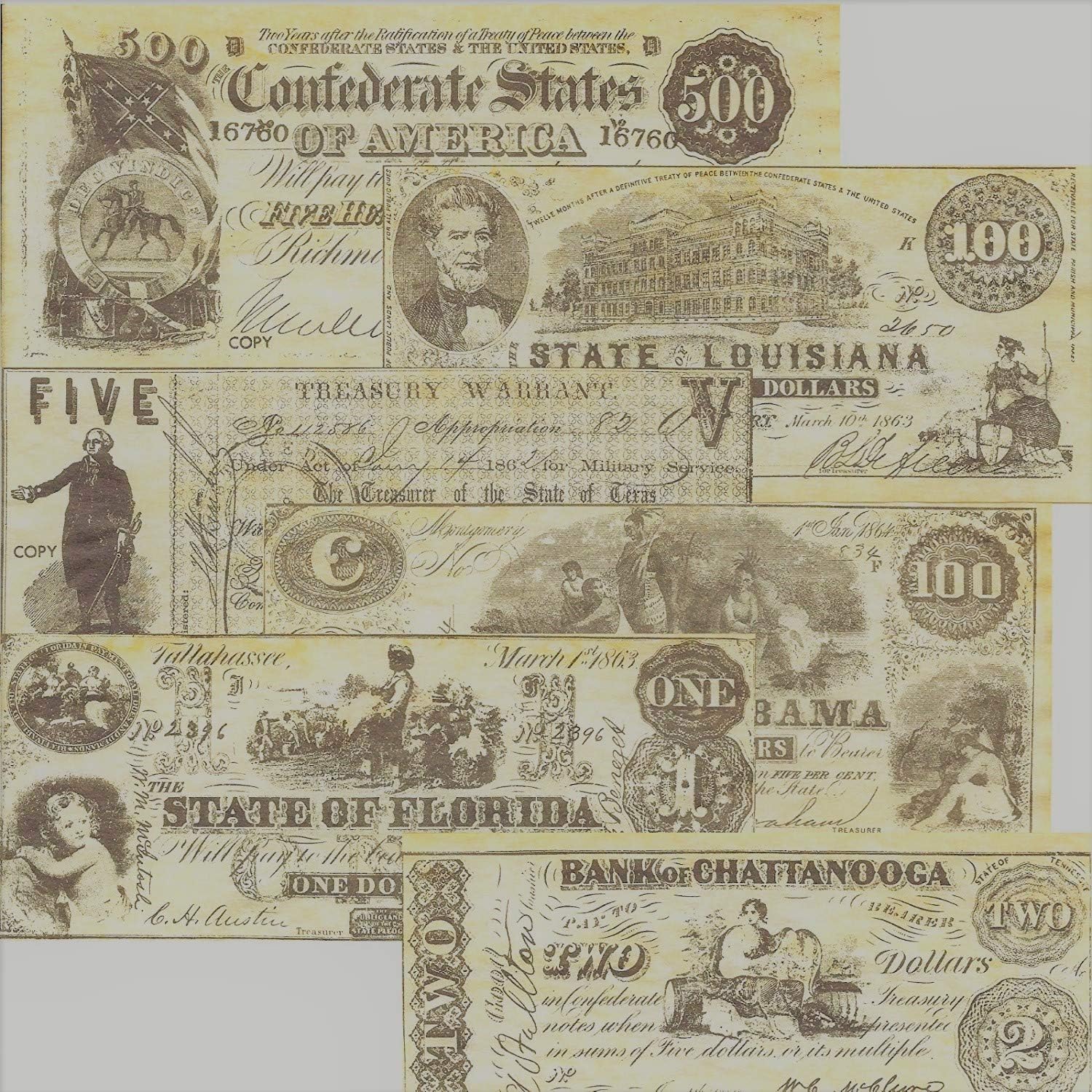 Replicas of Confederate Currency Set "B" 6 different bills