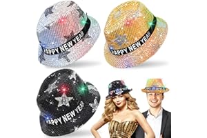 TURNMEON 3 Pack Happy New Years Hats Sequin LED Light Up Top Hats New Years Eve Party Supplies 2026, Black Gold Sliver Party Hats New Years Accessories for Women Men Adult Photo Props Birthday New Years Party