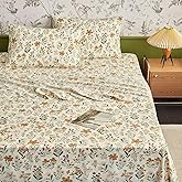 Wake In Cloud - Floral Bed Sheets, 4-Piece Sheet Set, Shabby Chic Flower Pattern Printed Coquette Cottagecore Vintage Aesthetic Bedding, Deep Pocket, Orange Cream, King Size