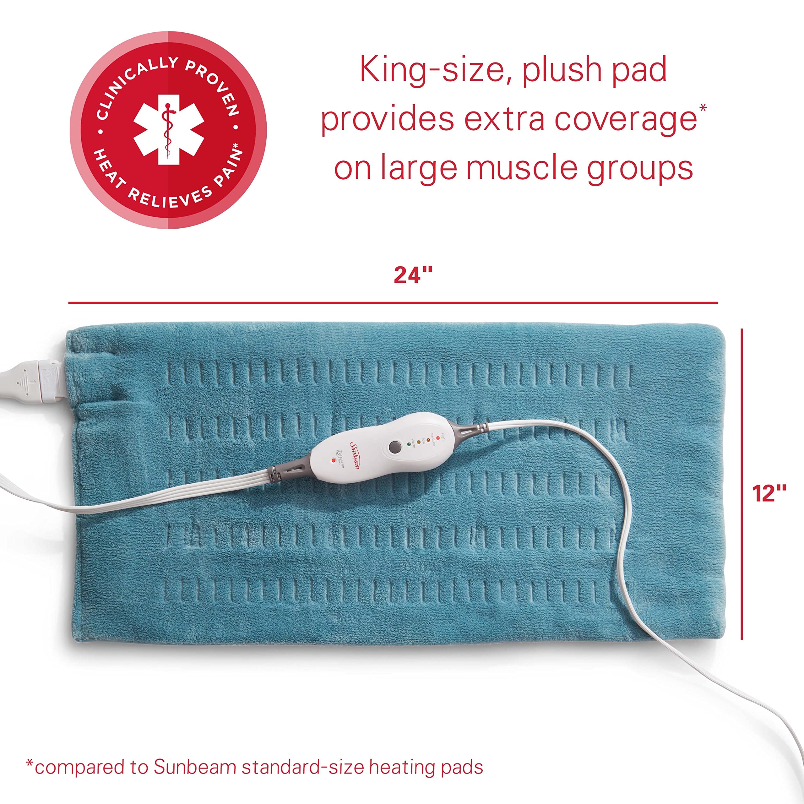 Sunbeam Heating Pad XL for Back, Neck & Shoulder Pain Relief with Auto Shut Off, 12 x 24, Teal