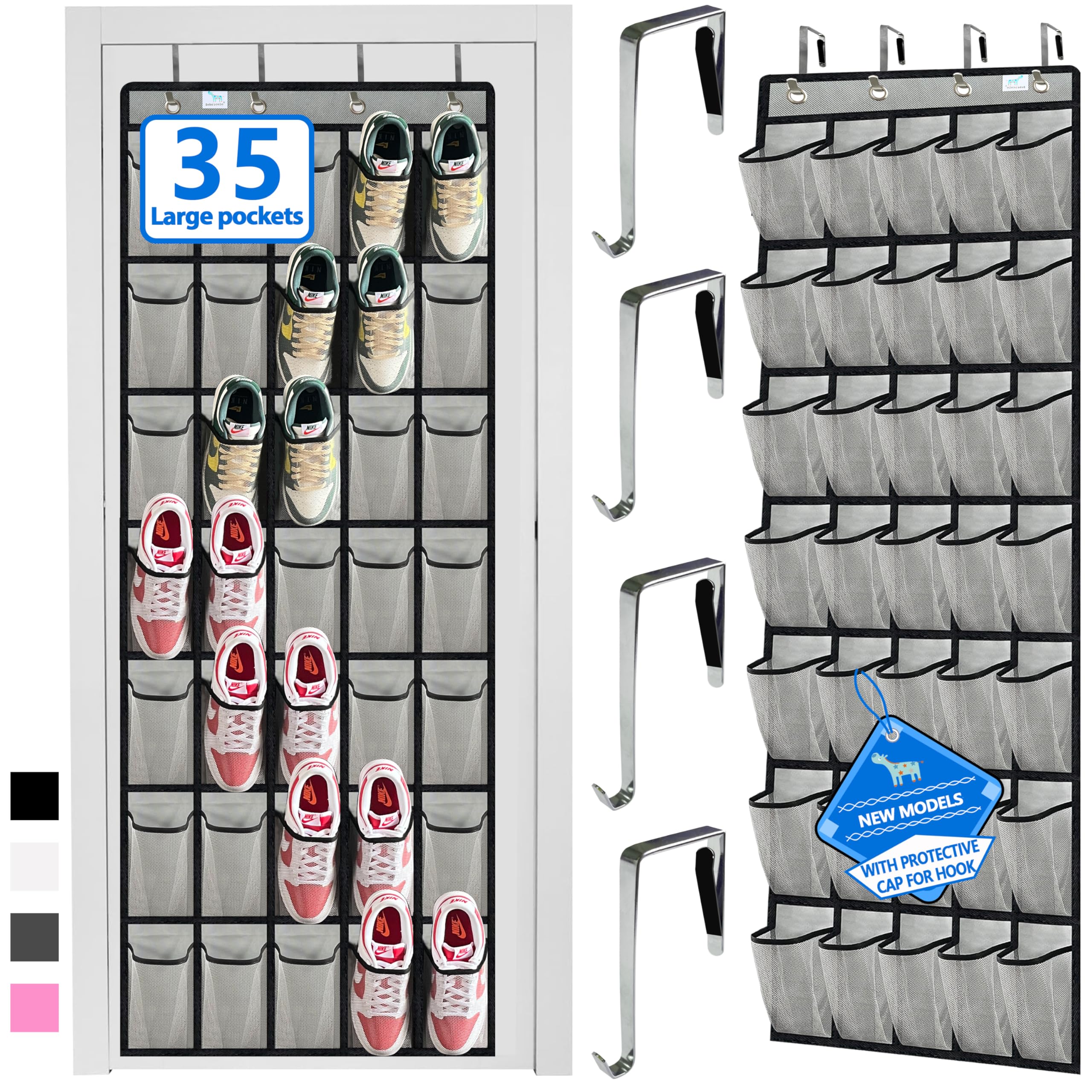 Photo 1 of over the door shoe organizer, 2025 upgraded,shoe organizer, 35 Huge pockets over door shoe organizer, Store size 13 shoes, shoe organizer, Strong material, hooks Suitable for various doors, Grey/black