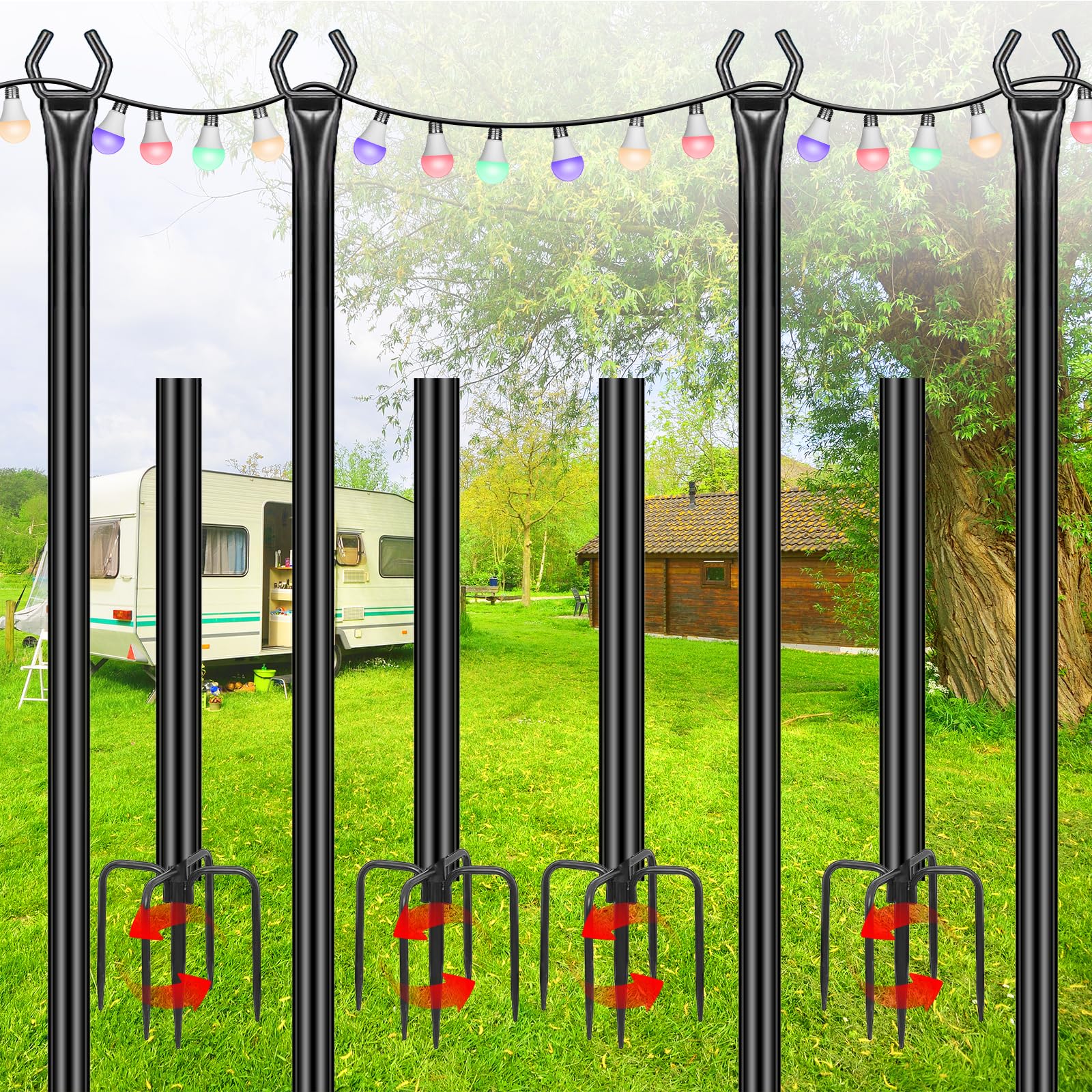 Photo 1 of FHNFHN String Light Poles 4 Pack,10FT Metal String Light Poles for Outside, Adjustable Outdoor Poles for Patio, Deck, Garden, Wedding, Backyard, Christmas Party Decor, Sturdy with Hooks