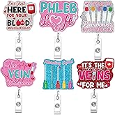 6 Pcs Phlebotomy Badge Reels, Retractable Funny Pink Glitter ID Badge Holder with Metal Clip, Phlebotomy Essentials and Phlebotomist Gifts