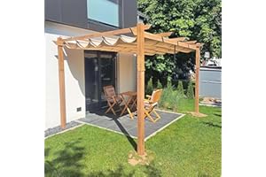 PURPLE LEAF 10' x 13' Outdoor Retractable Pergola with Sun Shade Canopy Patio Metal Shelter for Garden Porch Beach Pavilion Natural Wood Grain Frame Gazebo Modern Yard Grill Pergola Khaki