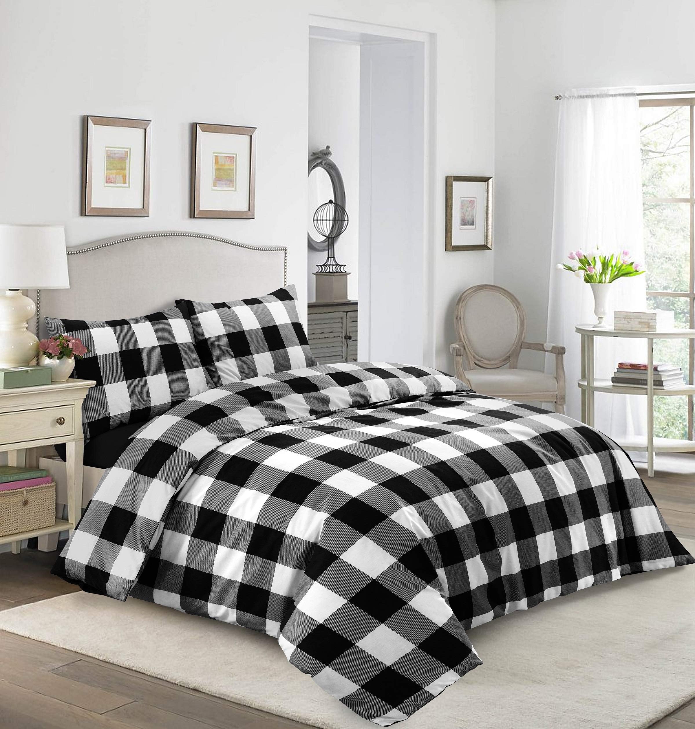 Soft Poly Cotton Classic Check Duvet Cover Set Quilt Bedding Sets With Pillowcase Single Double King Super King Sizes (Black, King)