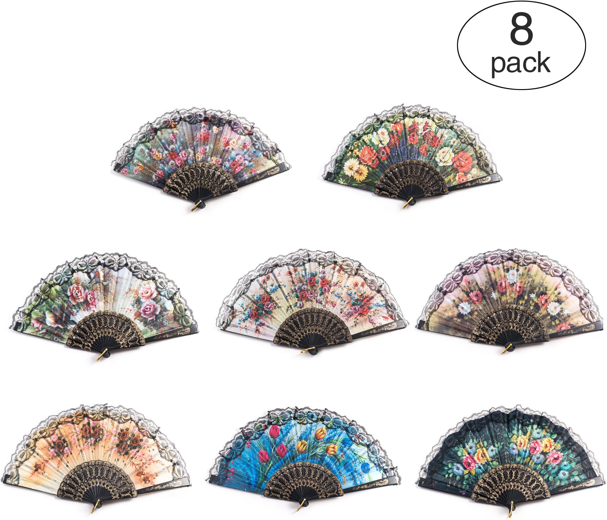 8 PCS Spanish Floral Folding Hand Fan Vintage Retro Pattern Fabric Fans ( 8 different patterns )