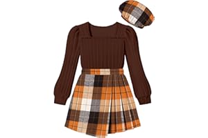 NECIOUS Girls Skirt Set Square Neck Puff Sleeve Shirt Tops Plaid Mini Skirt Shorts with Beret 3 Piece Fall Winter Outfit