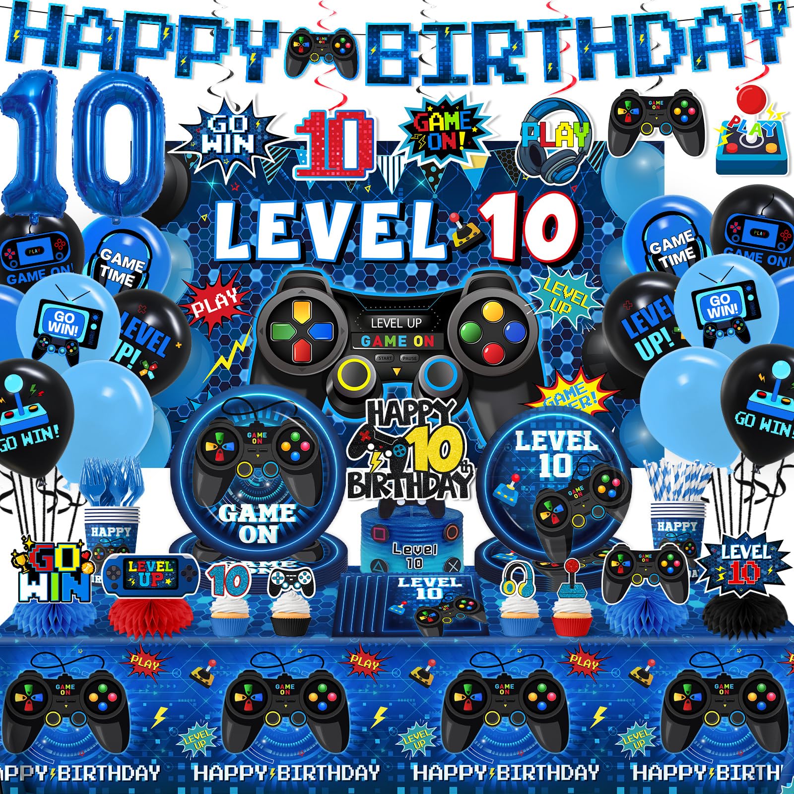 Photo 1 of 10 Birthday Decorations for Boys,197pcs Gamer Birthday Party Decorations Level 10 Birth day Decorations Plates and Napkins Cups Tablecloth Banner Honeycomb for Video Game Party Decorations