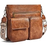 Yarnic Crossbody Bags for Women, Multi Pocket Crossbody Purse Vegan Leather Shoulder Handbags with Guitar Strap