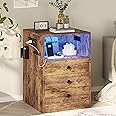 LIKIMIO Nightstand with Charging Station and 3 Drawers, LED Lights End Side Table with Interchangeable sockets and Hooks, Vintage Brown