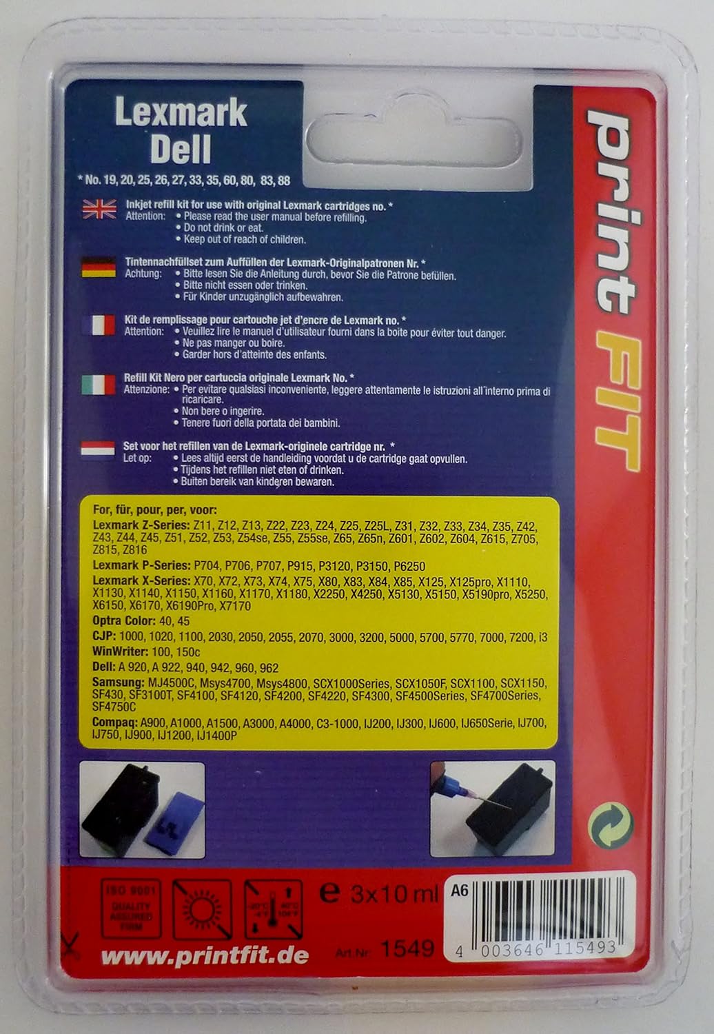 Refill Kit for Lexmark & Dell [Color]. Colour - 3 x 10 ml - No. 19, 20, 25,  26, 27, 33, 35, 60, 80, 83, 88 For Lexmark Z Series X Series ...