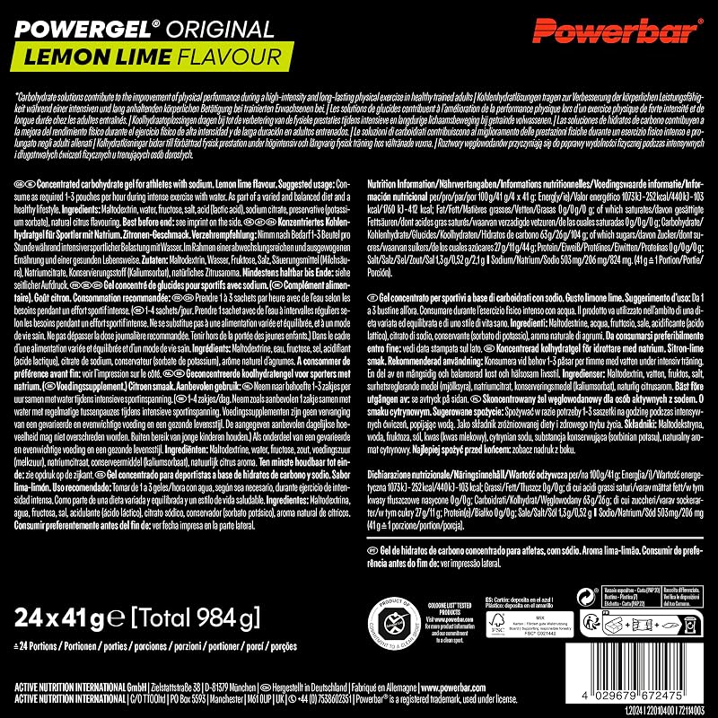 PowerGel Original Lemon Lime 24x41g - Gel energetico ad alto contenuto di carboidrati + C2MAX + Natrium