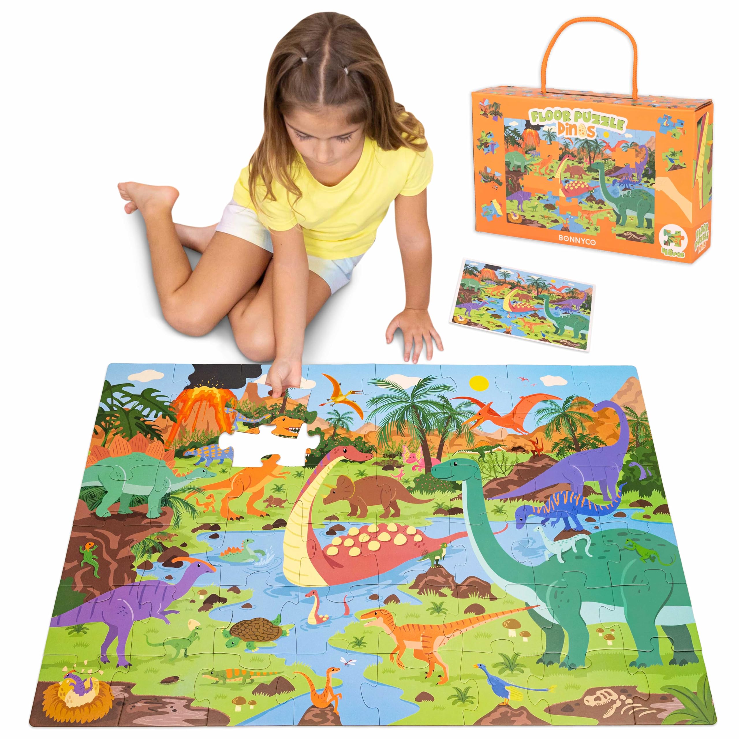 BONNYCO Giant Floor Puzzle of Dinosaurs with 48 Large Pieces. Jigsaw Puzzles for Kids 36.2 x 24.4 in, Gifts for Boys and Girls, Educational Toys Ages 2-8