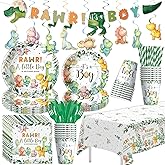 Owelleny Dinosaur Baby Shower Decorations for Boy, Jungle Animal Dino Baby Boy Party Supplies, Dinosaur Theme Rawr It's a Boy Paper Plate, Napkin, Cup, Tablecloth, Cutlery, Banner, Swirls, Serves 24