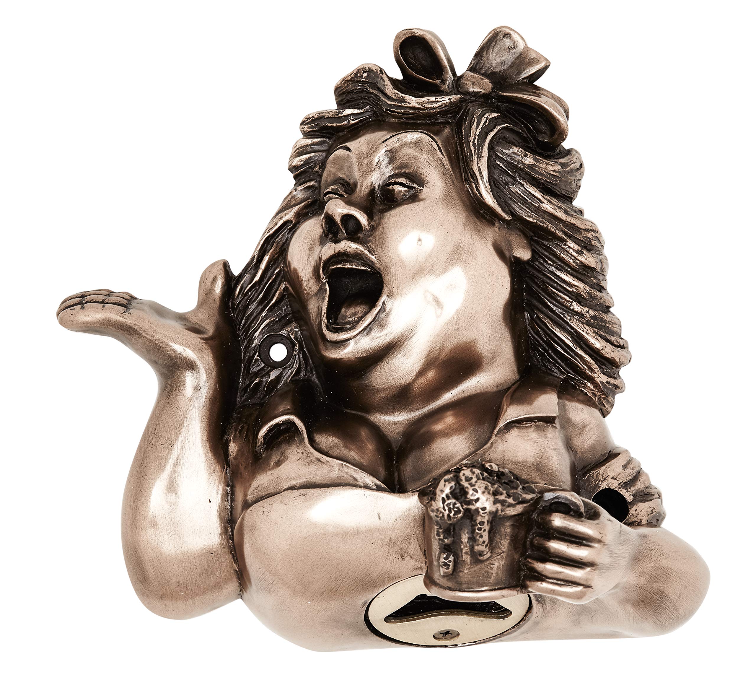 Beer Buddies Novelty Bottle Opener - Bronze Finish Wall Mounted Betty Stogs Cap Remover for Indoors and Outdoors. Cast Resin Body. Bronze Surface. Zinc Alloy Opener. Includes fixtures and Fittings.