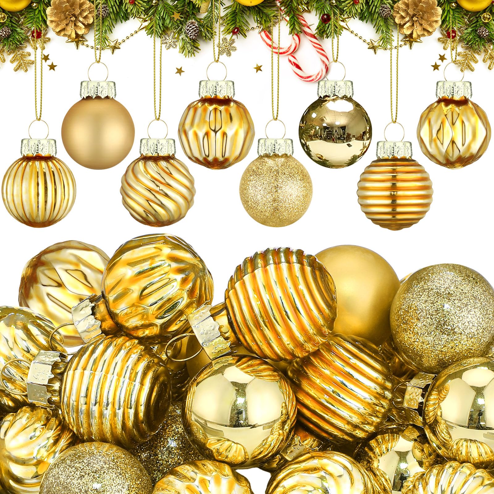 Photo 1 of Hollowfly 32 Pcs Mini Glass Christmas Ornaments Balls 1 Inch Shiny Miniature Xmas Tree Hanging Decoration Small Christmas Ball Ornaments Pendant for Tiny Trees Holiday Party Home Decor(Gold)