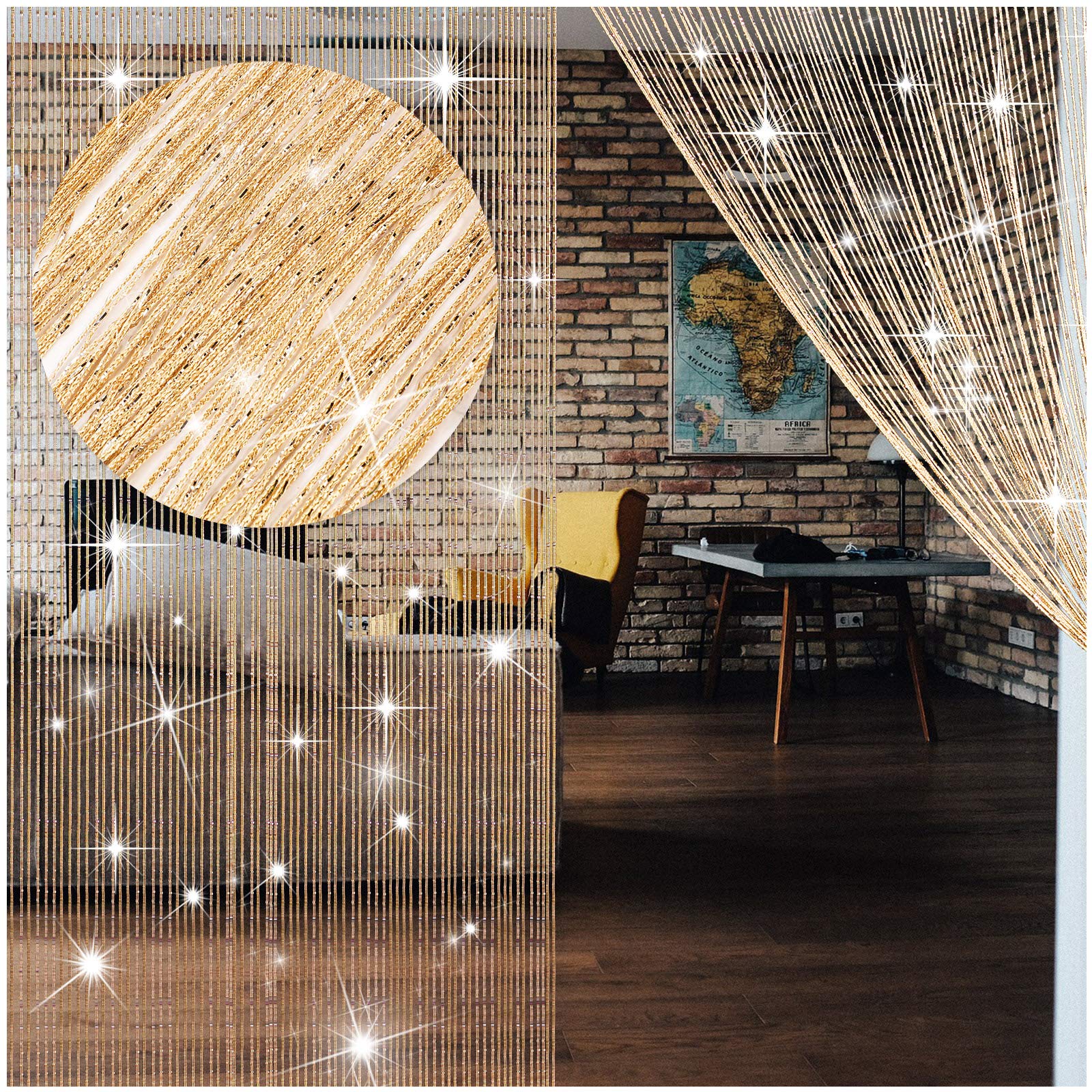 Photo 1 of WILLBOND 4 Pcs String Curtains Glitter Fringe Curtains for Window 79 x 39 Inch Door Divider Strip Tassel for Wedding Living Room Bathroom Coffee Shop(Champagne)