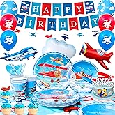 Airplane Birthday Party Decorations for 16 Guests, Airplane Party Decorations Airplane Party Tableware Airplane Plates Napkins Cups Table Cloth Balloons Backdrop etc Airplane Birthday Party Supplies
