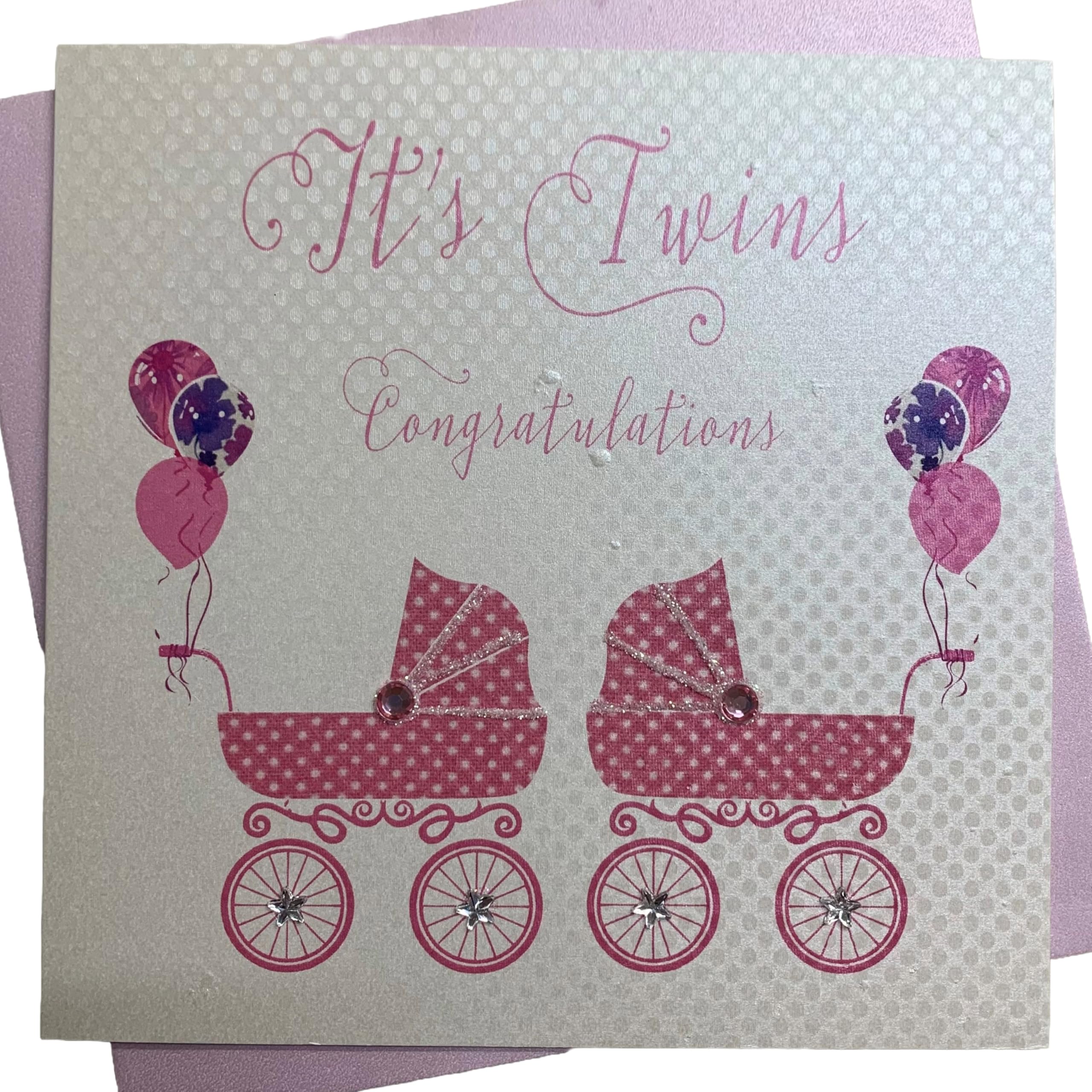 white cotton cards Its Twins Congratulations Handmade New Baby Card Pink Prams, TW5P