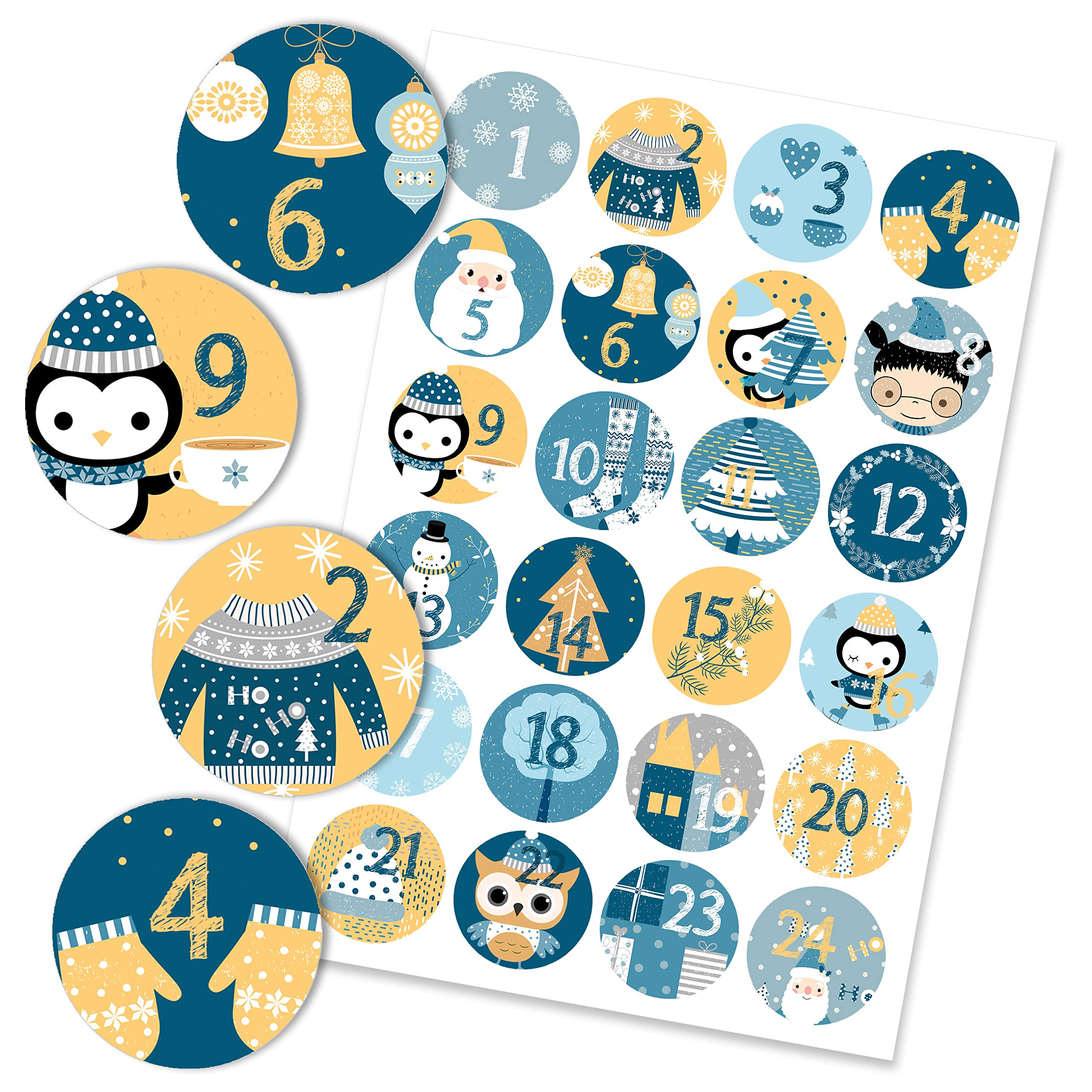 24 Advent Calendar Number Stickers Christmas Designs in Blue and Yellow No. 31 - Stickers - for You to Assemble and Decorate