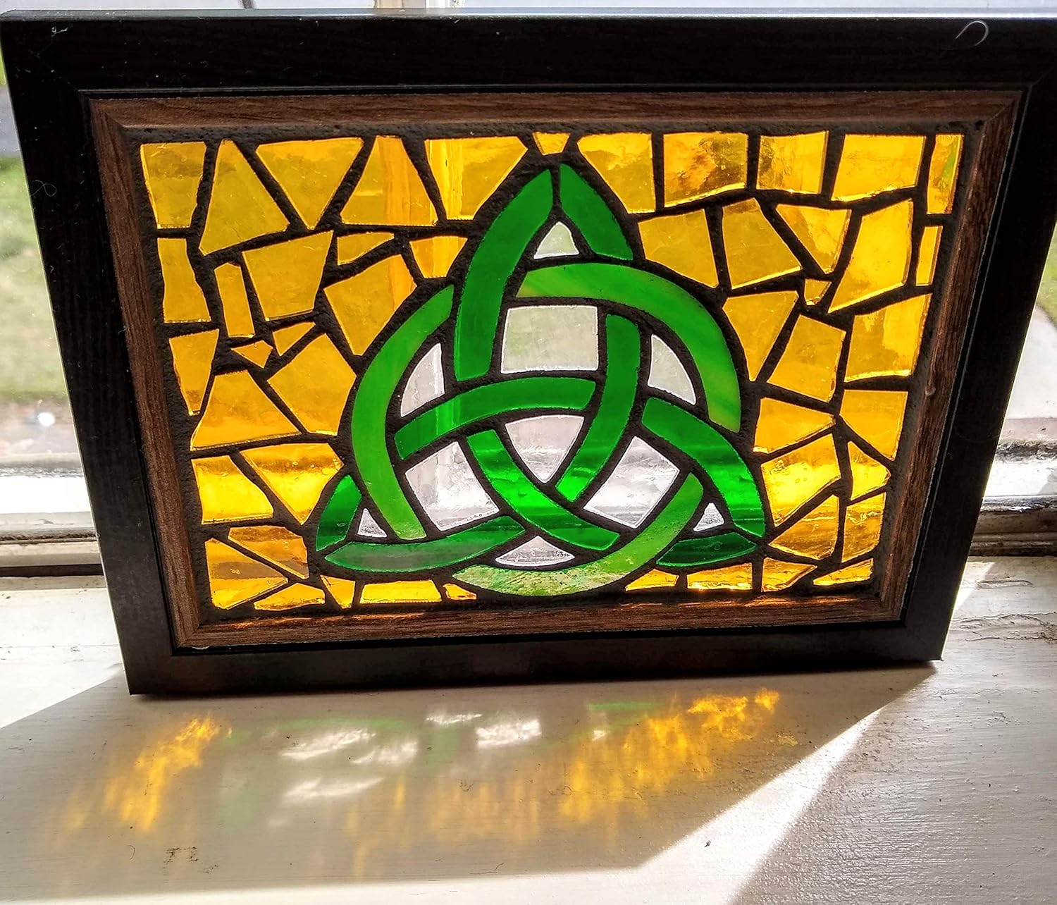 Celtic Trinity Knot Stained Glass Mosaic Art Panel in Frame