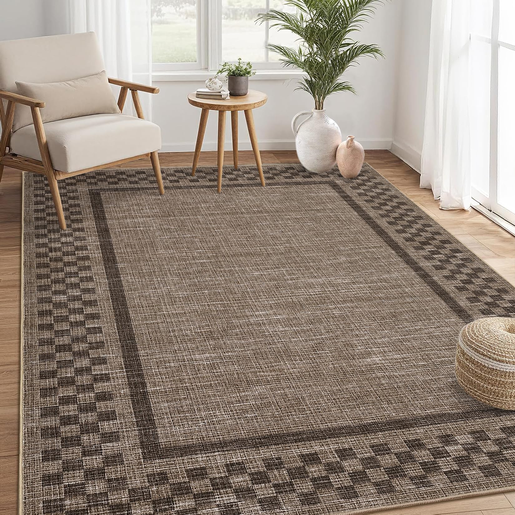 Photo 1 of GarveeHome Machine Washable 5x7 Area Rugs Modern Bordered Living Room Rug Non Slip Checkered Geometric Bedroom Throw Carpet Soft Boho Rugs for Dining Room Nursery Home Office, Brown