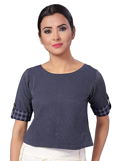 Navy Blue Pin Stripes Pure Cotton Wasit Long Crop Top Saree Blouse.