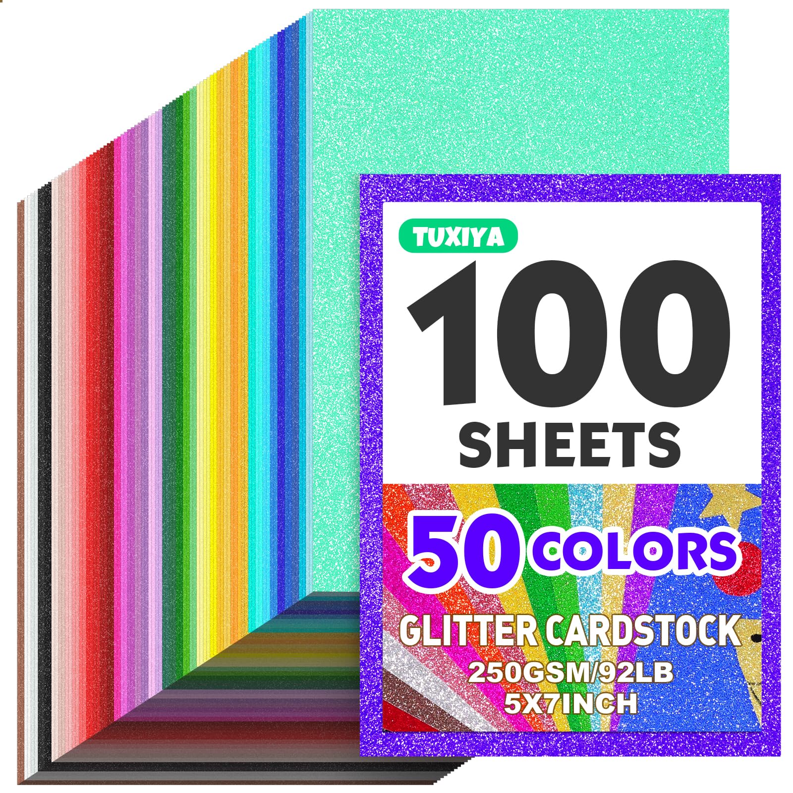 Photo 1 of 100 Sheets 5" X 7" Glitter Cardstock,50 Assorted Colors 250GSM/92LB Glitter Card stock,No-Shed Sparkly Glitter Paper for Arts and Crafts, Decorative, Card Making, Scrapbooking, DIY Projects