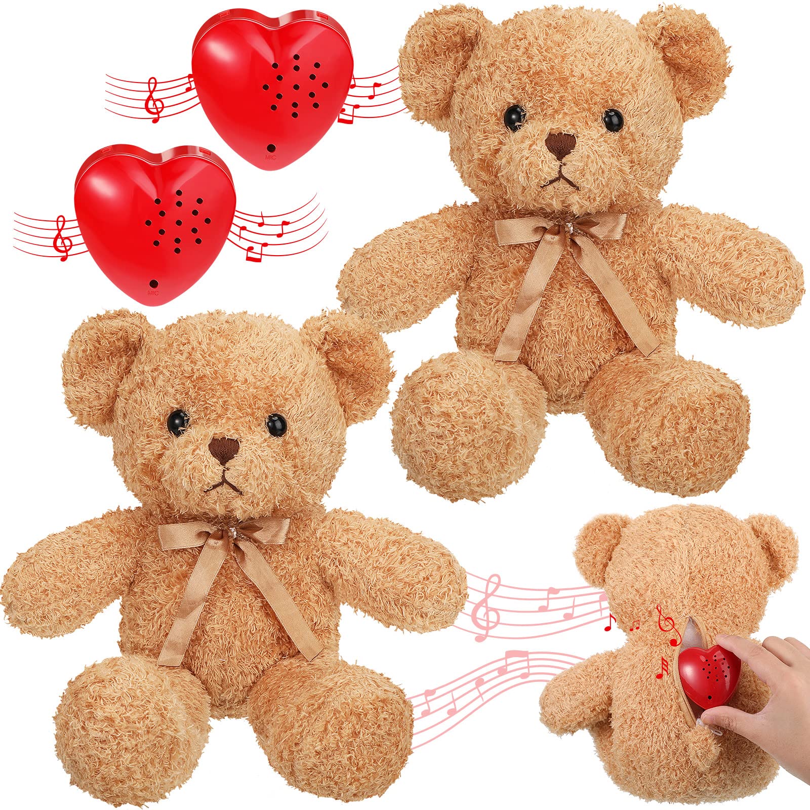 Photo 1 of 2 Pcs Bear Stuffed Animals with Voice Recorder Set, 60 Seconds Voice Sound Recorder Module 16 Inch Soft Plush Bear Cute Stuffed Bear with Zipper Sound Box Recordable Heart for Boys Girls (Light Brown)