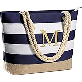 YOOLIFE Initial Canvas Waterproof Beach Tote Bag Zipper Personalized Gifts for Women Her Birthday Travel Beach Essential