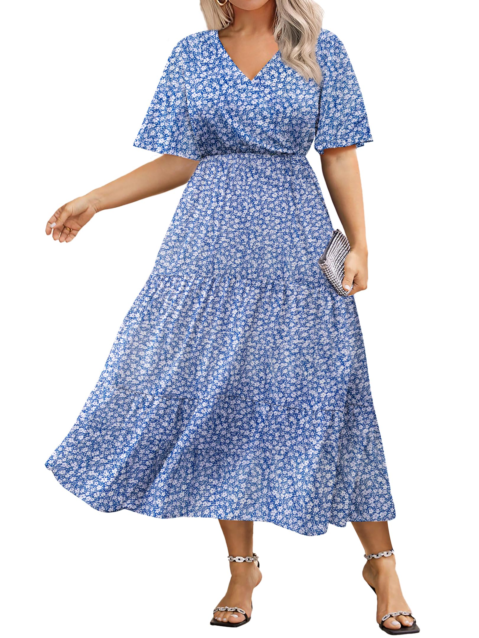 Photo 1 of IN'VOLAND Plus Size Maxi Dresses for Curvy Women Casual Boho Floral V Neck Short Sleeve Beach Long Dresses with Pockets Blue 20w